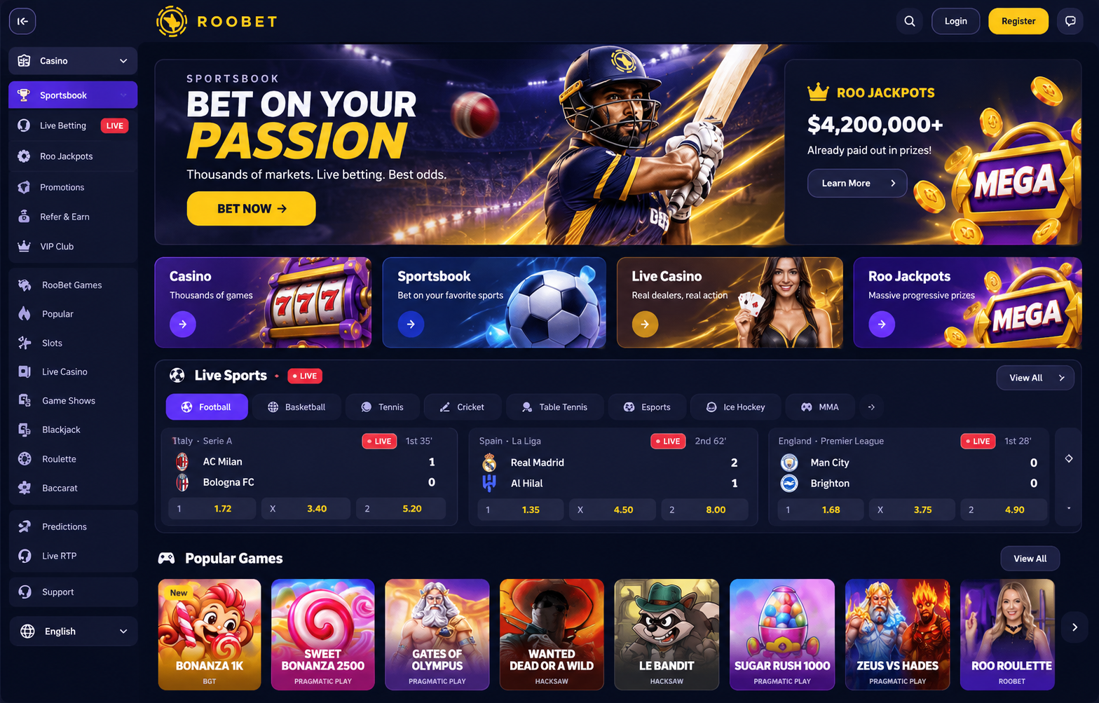 Seleção de jogos, mesas ao vivo e esportes apresentada no catálogo da plataforma.